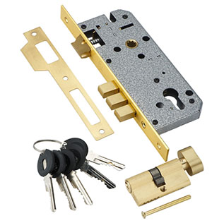 Замок врезной с секретным двухрядным цилиндром LOCK 4585 5-60B D GOLD ключ-вертушка